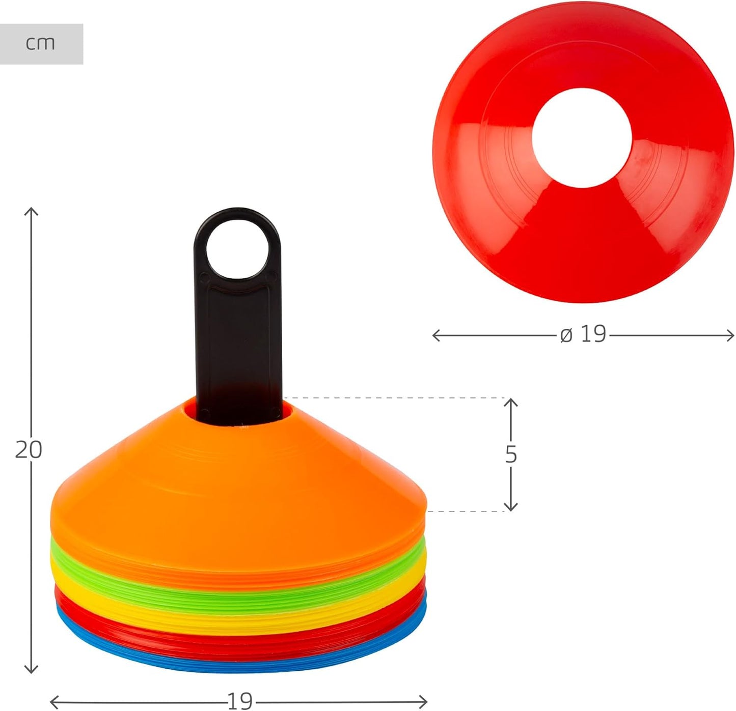 AKTIVE Set 50 Conos De Entrenamiento, Ø19 Cm, 5 Colores, PE 18 Gramos, Incluye Poste Organizador, Malla De Transporte Con Asa, Uso Profesional, Escolar, Doméstico, Juegos Al Aire Libre (54193)