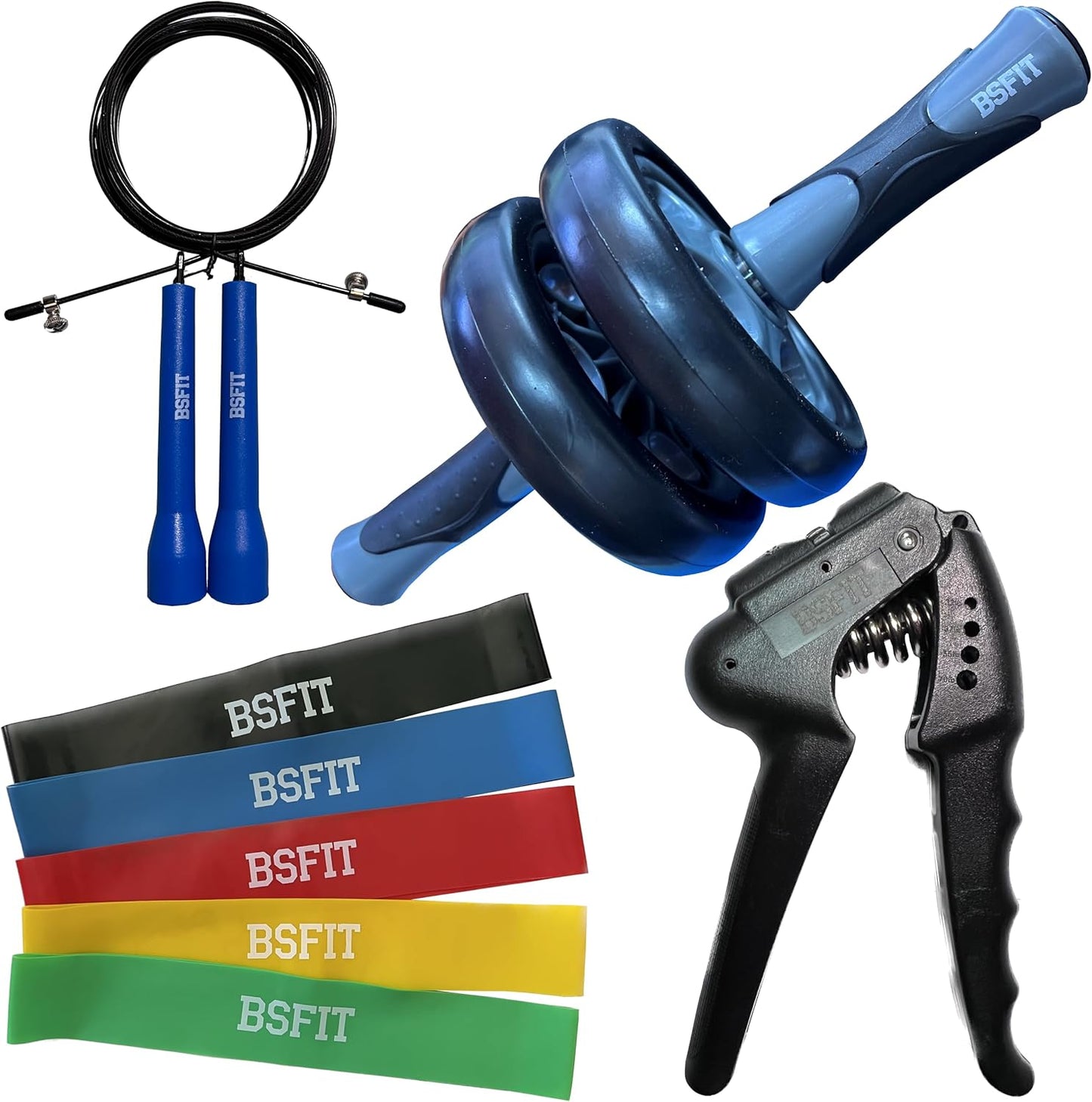 BSFIT® Kit Multifuncional De Fitness 4 En 1 | Gomas Bandas Elásticas Resistencia, Rodillo Rueda Abdominal, Comba De Saltar Y Hand Grip | Ideal Para Musculación, Boxeo Y Entrenamiento En Casa