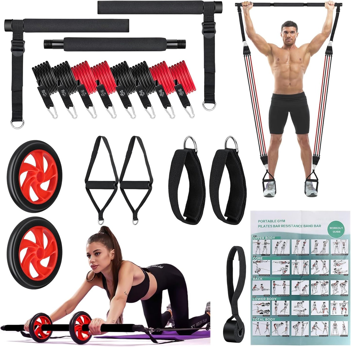 HSYFUNA 8 Gomas Elasticas Musculación (20/30/40/50Lbs) Con Barra De Pilates, Ruedas Abdominales, Anclaje Para Puerta, Correas Para Tobillos, Mango, Kit Pilates Para Fitness En Casa, Gym