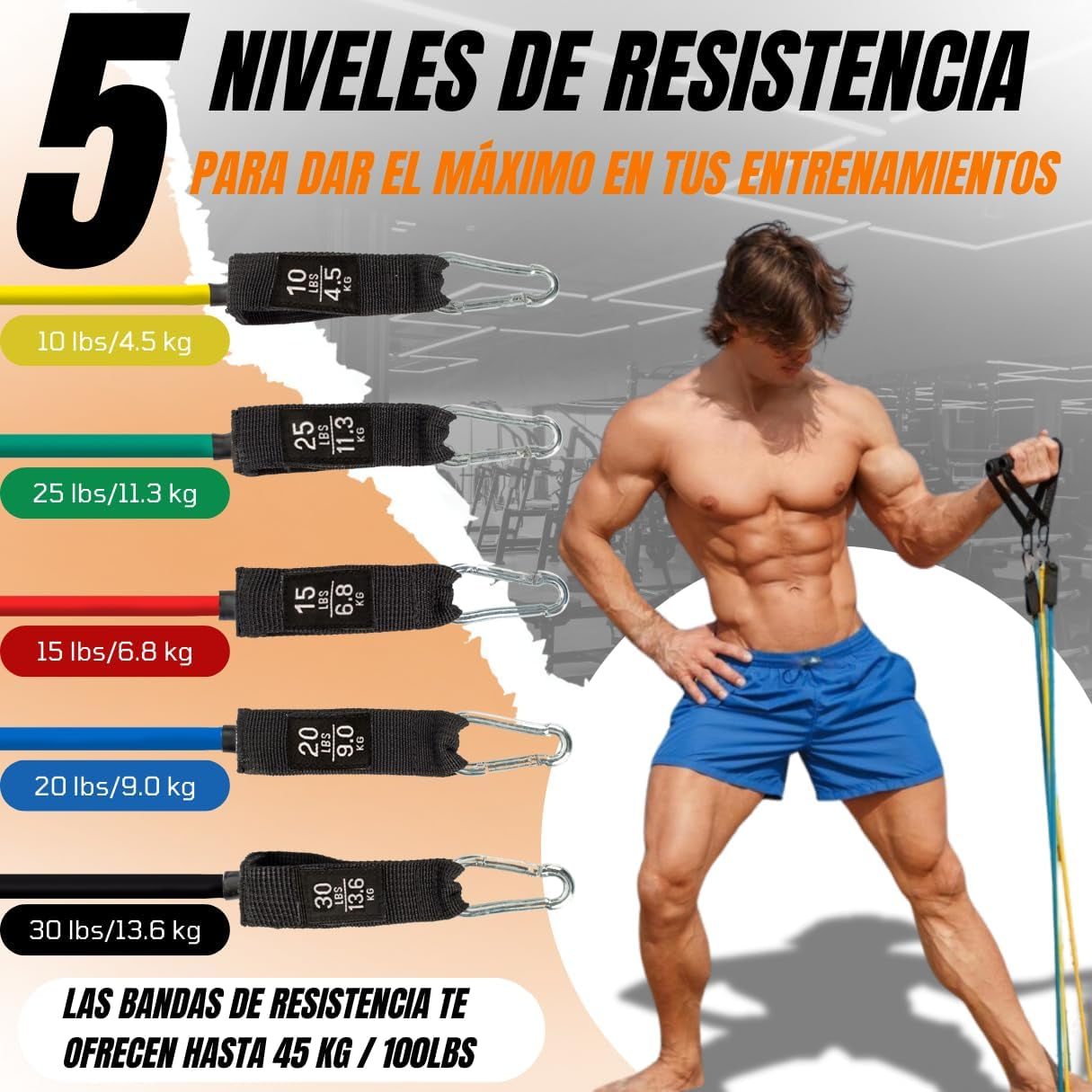 HIITLION Bandas Elásticas Musculación + Cuerda De Saltar - Entrenamiento Completo En Casa - Set De Resistencia Con 5 Diferentes Niveles De Gomas Para Gym En Casa, Ejercicio Muscular Y Cardio