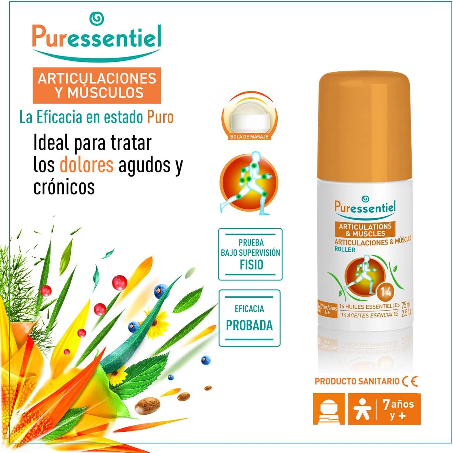 Puressentiel - Articulaciones Y Músculos - Roller Con 14 Aceites Esenciales - 99,9% De Origen Natural - Ideal Para Aliviar Los Dolores Crónicos - Rodillas, Espalda Y Piernas Del Deportista - 75 Ml