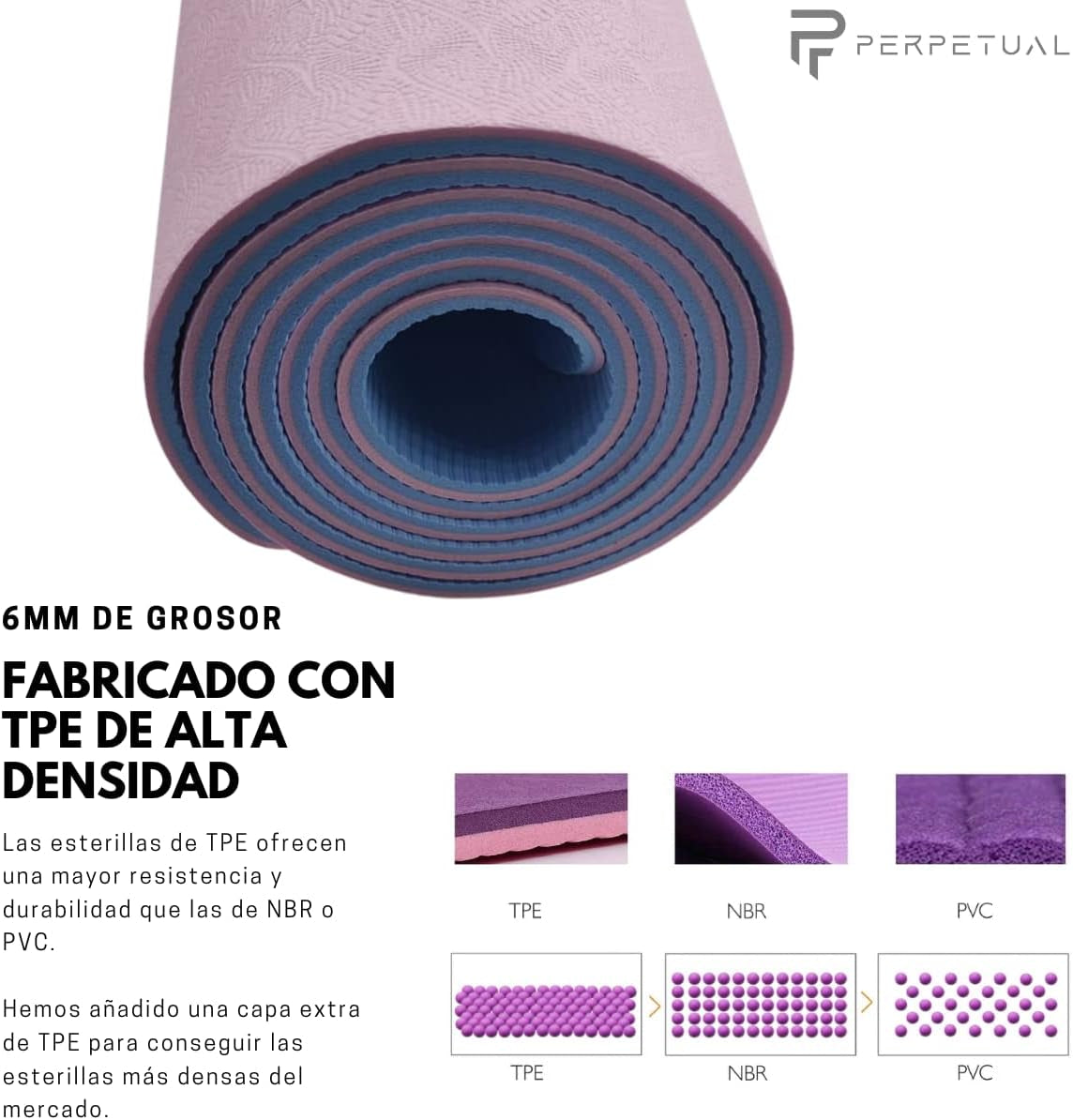 PERPETUAL® Esterilla De Yoga Y Pilates De 6Mm TPE - Mat Antideslizante - Con Correa Y Bolsa De Transporte - Colchoneta Gruesa Y Plegable - Hombre/Mujer - Fitness En Casa