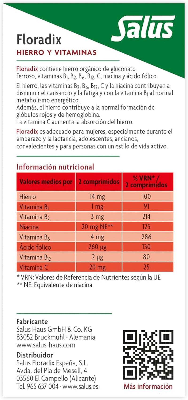 Salus - Floradix Suplemento De Hierro - 84 Comprimidos - Reduce El Cansancio Y La Fatiga - Contiene Hierro Orgánico, Ácido Fólico Y Vitaminas B1, B2, B5, B12 Y C - Combate La Anemia