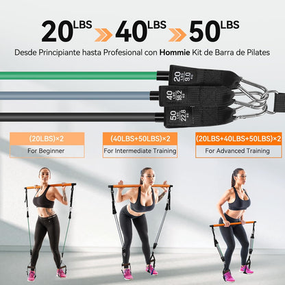 Kit De Barra De Pilates Hommie, Set Mejorado De Valor En Libras Con 6 Bandas De Resistencia (20+40+50 Lbs), Barra De Resistencia Portátil Y Desmontable Para Entrenamiento De Cuerpo Completo En Casa