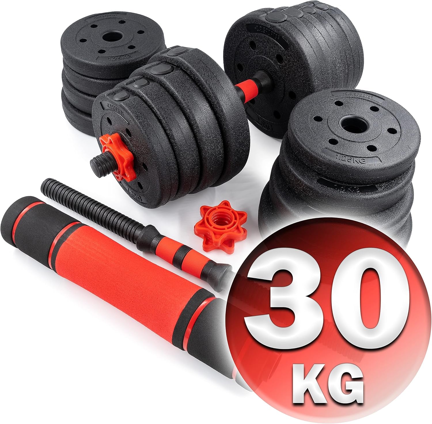 C.P.Sports 2In1 Juego De Mancuernas Y Barras De 30Kg | 4X 1,25Kg - 4X 1,5Kg - 4X 2,0Kg - 4X 2,5Kg Pesas - 2X Mangos | Placas De Plástico Para Entrenamiento Con Pesas, Fitness, Gimnasio En Casa | 4 Colores