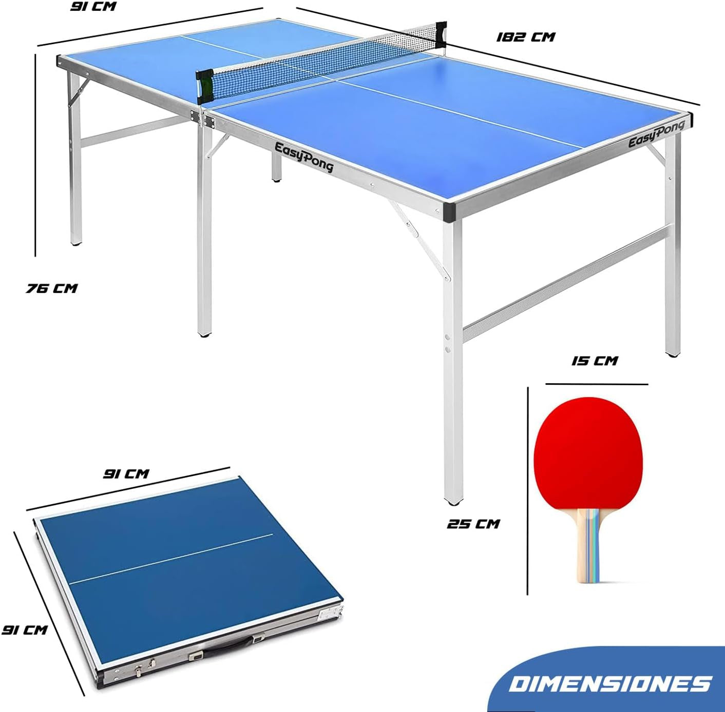 Easypong® | Mesa De Ping Pong Azul | 182X91Cm Fácil De Transportar | Estable | Ideal Para Exterior E Interior | 2 Raquetas + 4 Pelotas | Tenis De Mesa | 100% Diversión | Originalcup