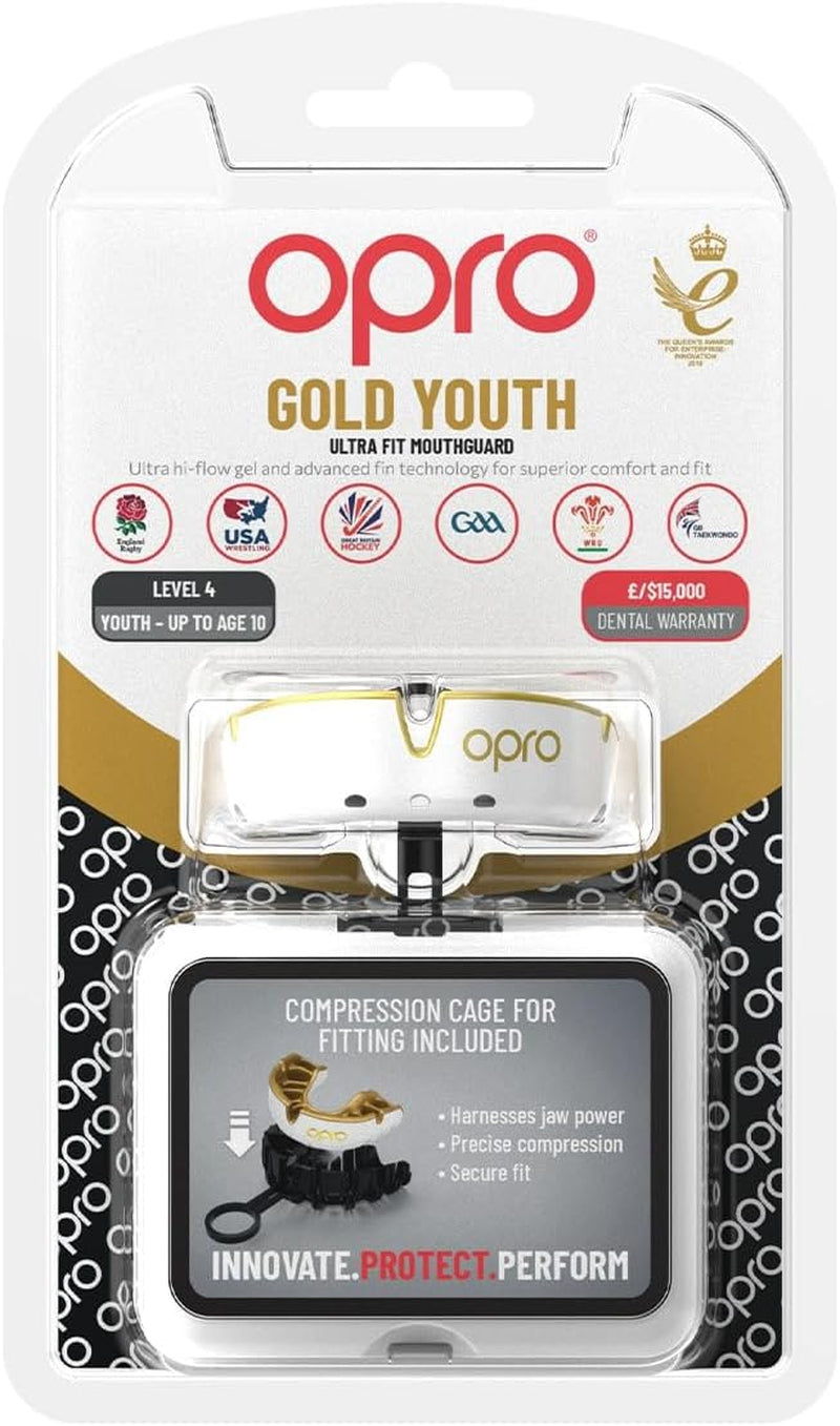 OPRO Protector Bucal Gold Level, Protector Bucal Deportivo Para Niños, Con Tecnología De Ajuste Revolucionaria Para Boxeo, Lacrosse, MMA, Artes Marciales, Hockey Y Todos Los Deportes De Contacto