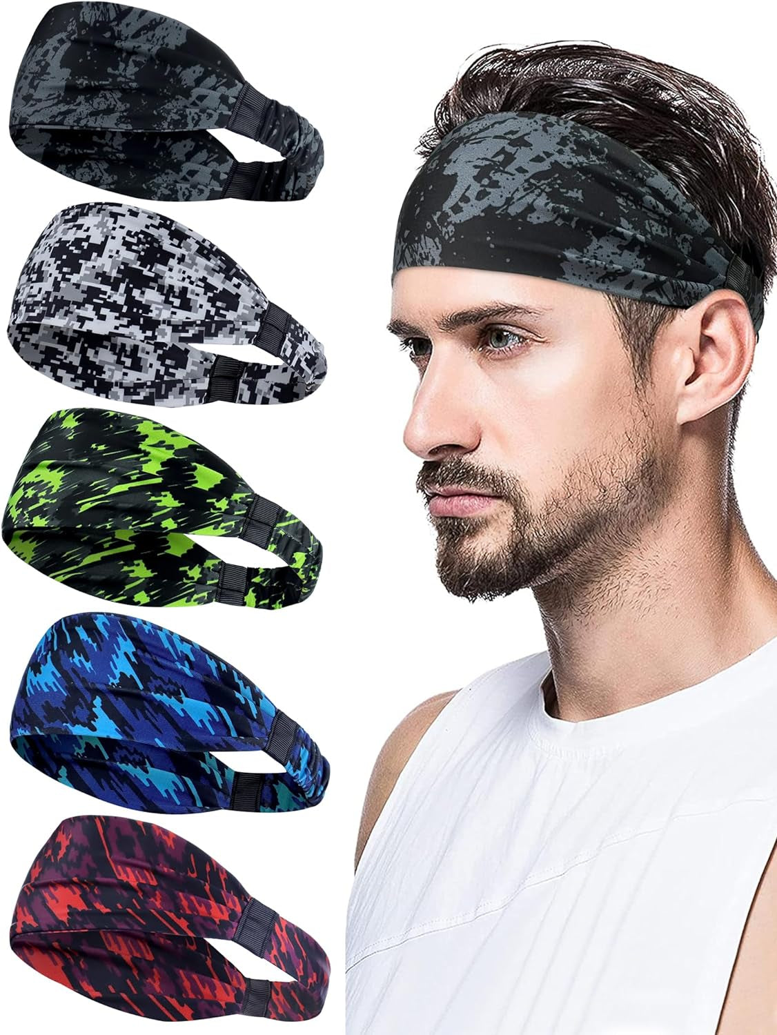 Cinta Pelo Deporte 5 Pcs Diadema Hombre, Absorbe El Sudor Y Transpira Headband Elástico Cinta De Pelo Deportiva Ideal Para Entrenamientos De Fitness