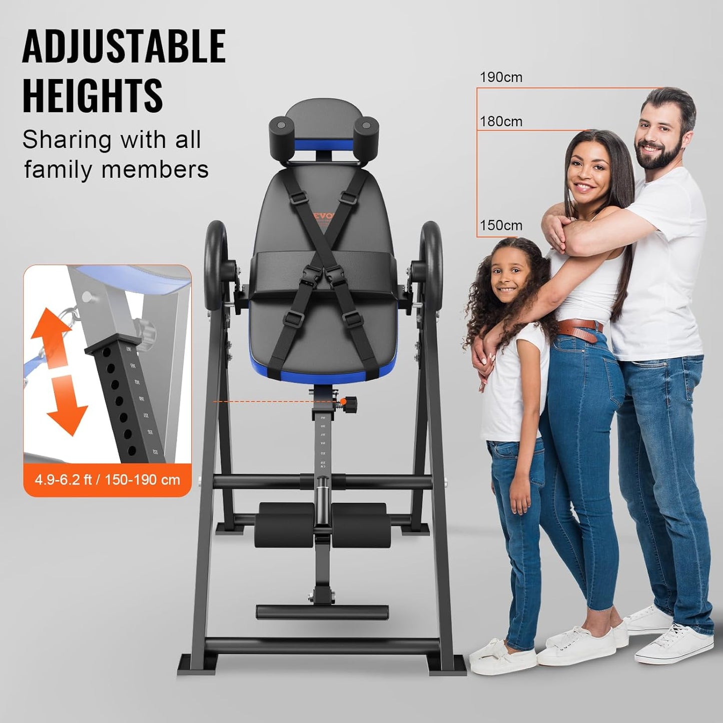 VEVOR Mesa De Inversión Resistente Con Capacidad 136 Kg, Para La Espalda, Equipo De Entrenamiento De Fuerza Con Reposacabezas, Bloqueo De Tobillo, Cinturón Protector, Azul/Negro, 1200 X 690 X 1640 Mm