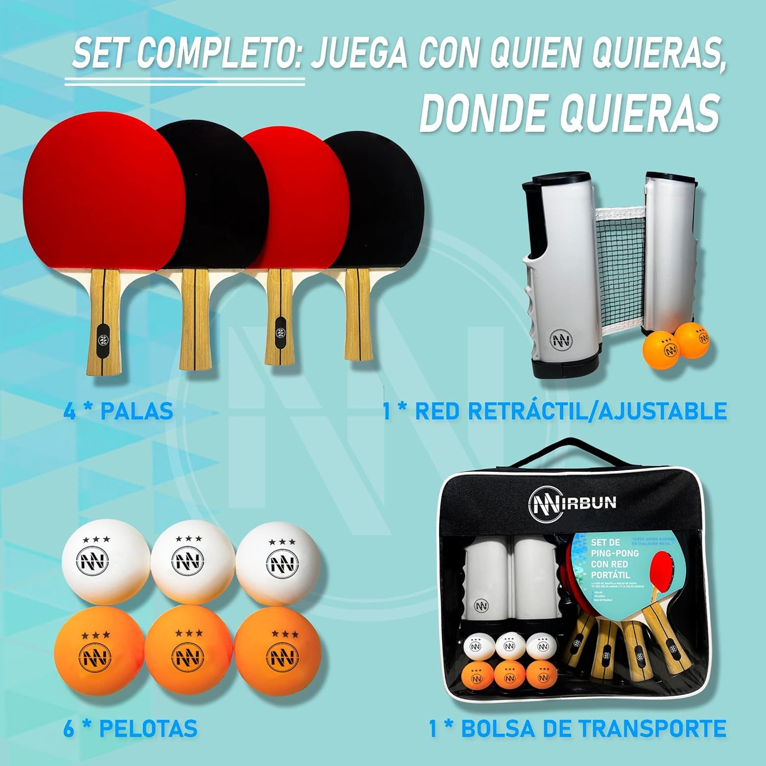 NIRBUN Set Ping Pong Con Red Extensible - Palas Ping Pong Profesional - Pelotas Ping Pong 3 Estrellas - Red Ping Pong Ajustable Mesa - Ping Pong Set Portátil