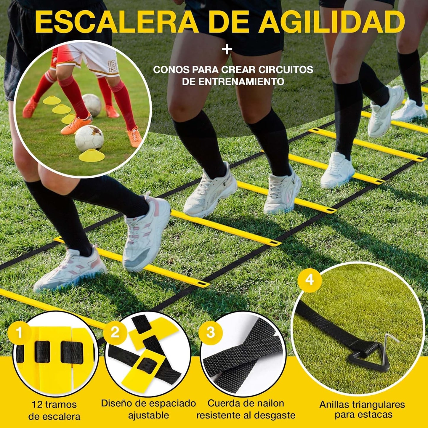 ®️ Set Entrenamiento Futbol Escalera De Agilidad + 20 Conos Entrenamiento + Comba De Saltar + Guia De Ejercicios + Bolsa De Almacenamiento | Kit Entrenamiento Futbol Niños Y Adultos