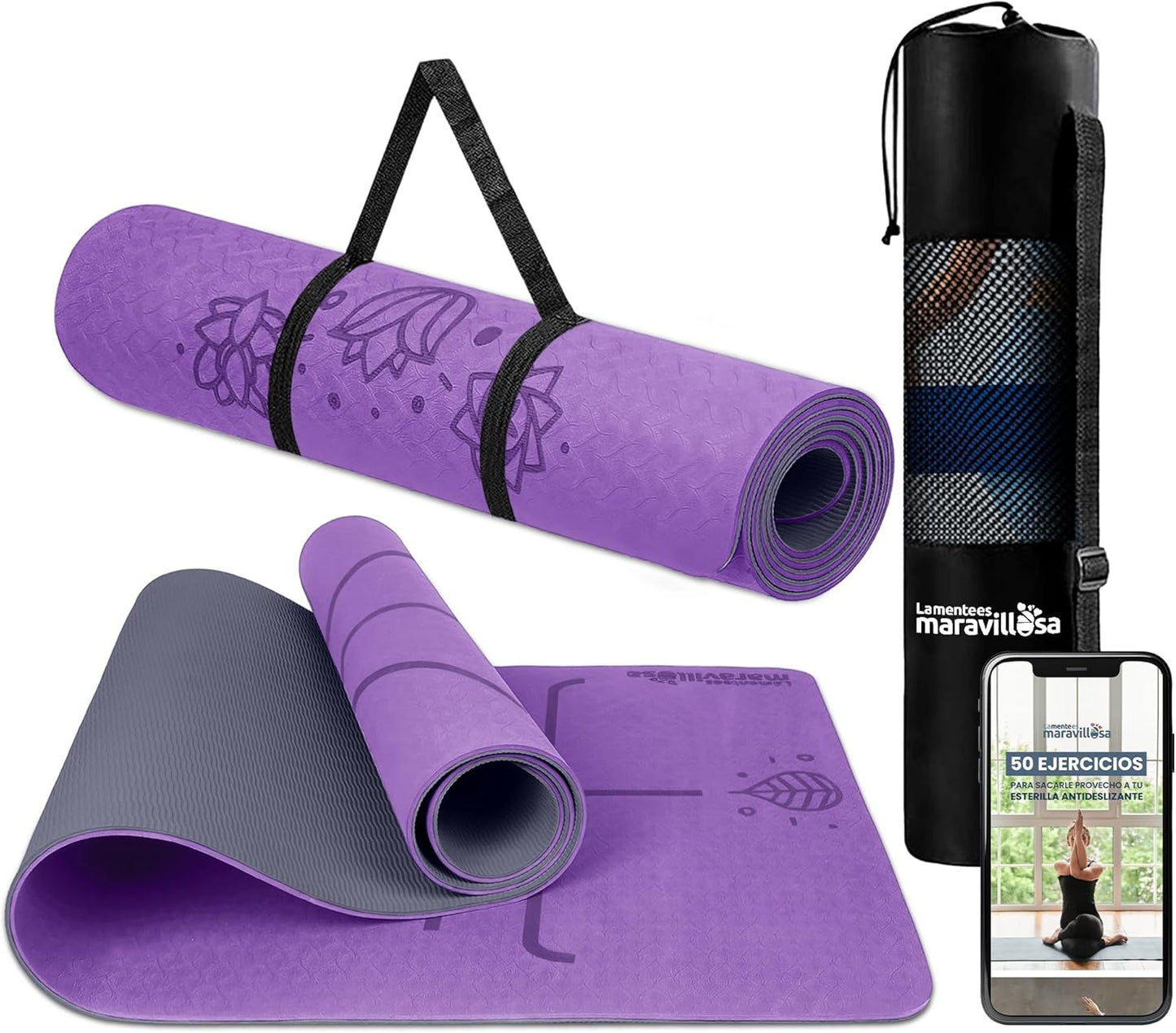 LA MENTE ES MARAVILLOSA - Esterilla De Yoga, Pilates Y Fitness【E-Book, Bolsa Y Correa De Hombro】Colchoneta Antideslizante TPE Para Deportes, Gimnasio En Casa | 183X61 Cm