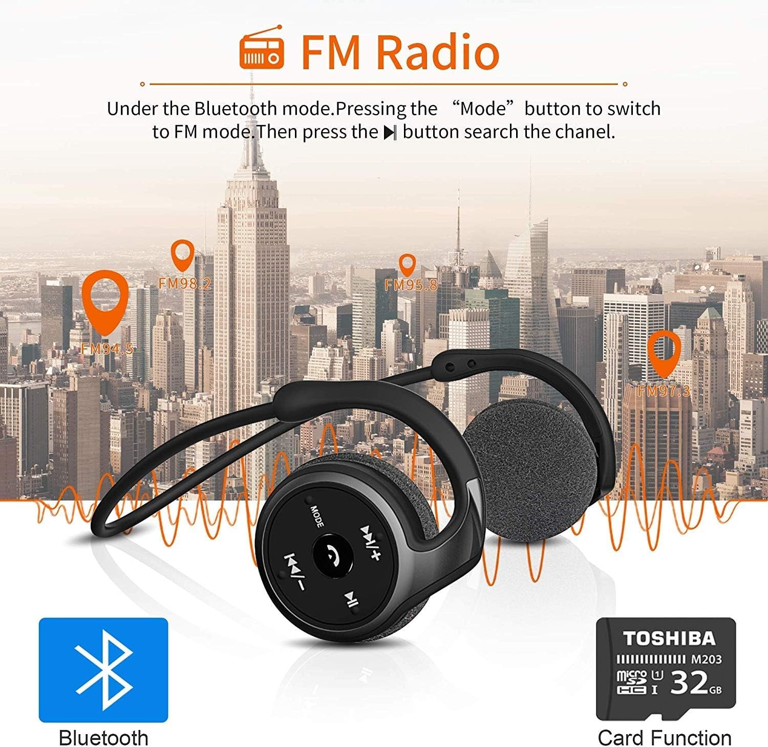 Auriculares Bluetooth Deportivos, Cascos Inalambricos Auriculares Bluetooth Deportivos Con Micrófono, Estéreo, 12 Horas De Juego, Soporte Tarjeta TF Jugar Y Radio FM, Impermeable Sudor, Senderismo