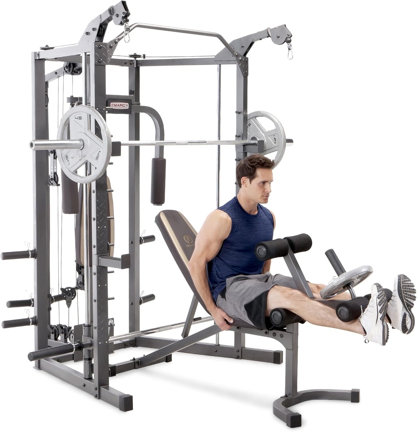 Marcy SM-4008 Smith Machine, Multifuncional, Power Rack Con Cruce De Poleas Y Banco De Musculación