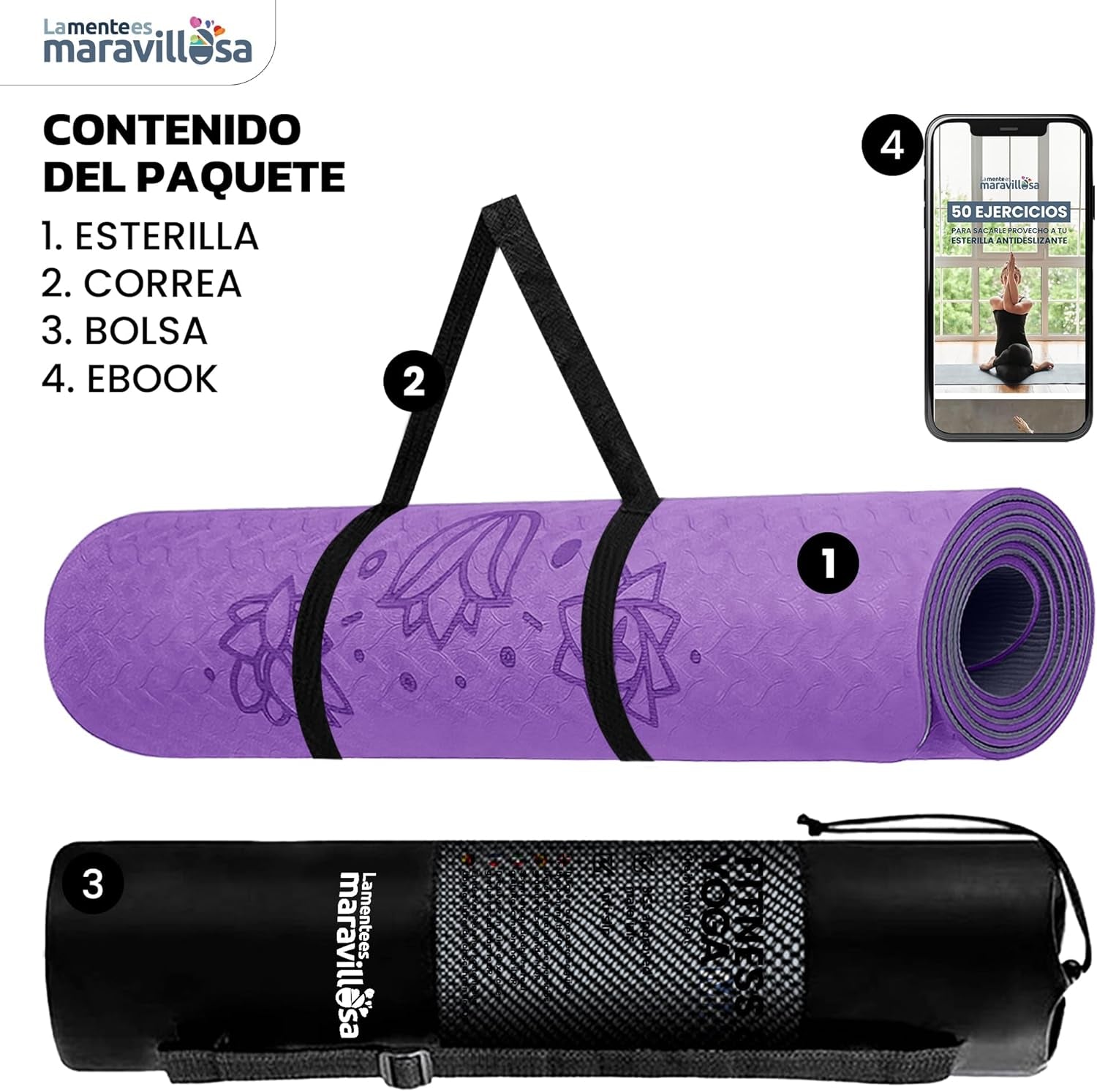 LA MENTE ES MARAVILLOSA - Esterilla De Yoga, Pilates Y Fitness【E-Book, Bolsa Y Correa De Hombro】Colchoneta Antideslizante TPE Para Deportes, Gimnasio En Casa | 183X61 Cm