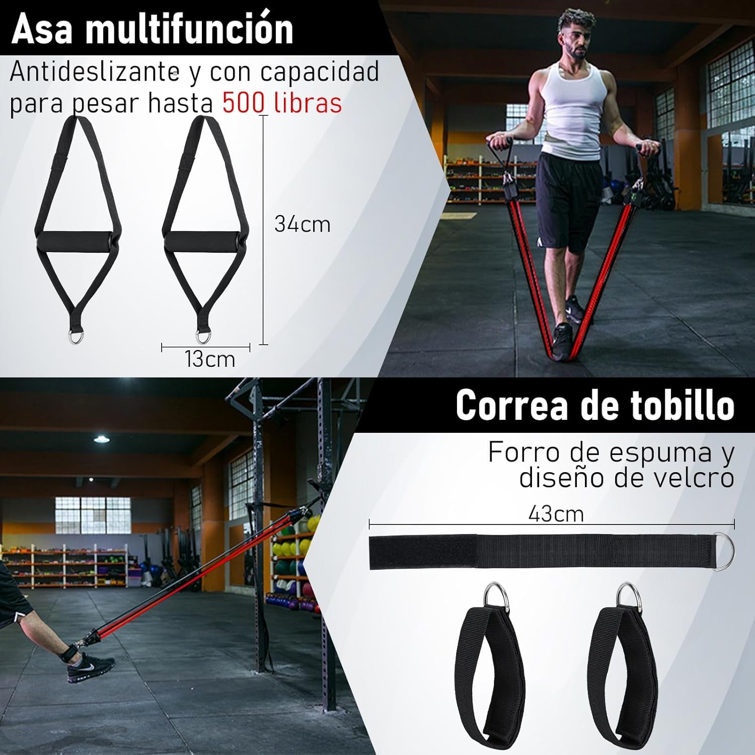 HSYFUNA 8 Gomas Elasticas Musculación (20/30/40/50Lbs) Con Barra De Pilates, Ruedas Abdominales, Anclaje Para Puerta, Correas Para Tobillos, Mango, Kit Pilates Para Fitness En Casa, Gym