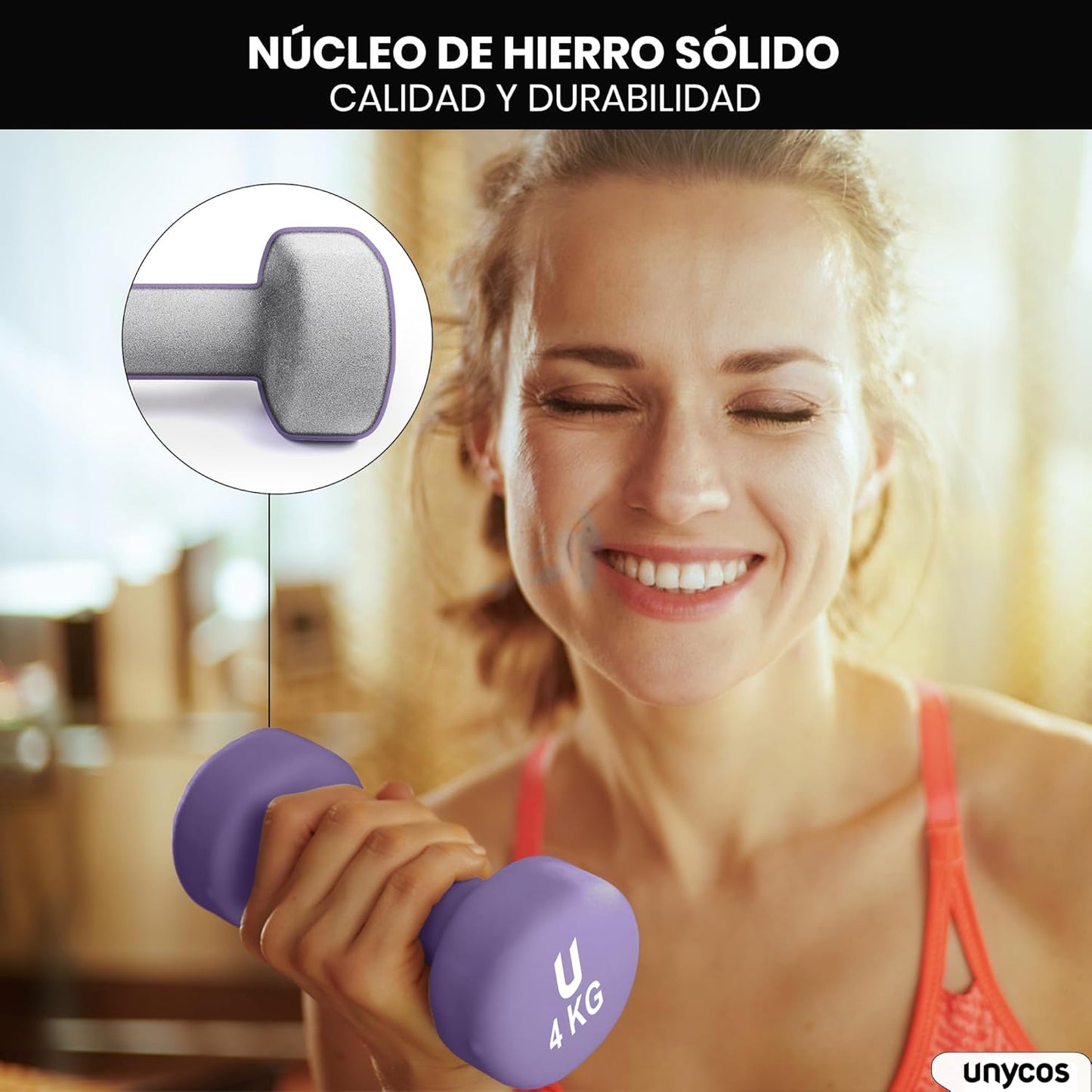 Unycos - Pesas Y Mancuernas Antideslizantes【Hierro | Neopreno】De 1 Kg a 10 Kg - Suaves Al Tacto Para Hombres Y Mujeres, Diseño Ergonómico, Anti-Rodadura, Gimnasio En Casa, Fitness