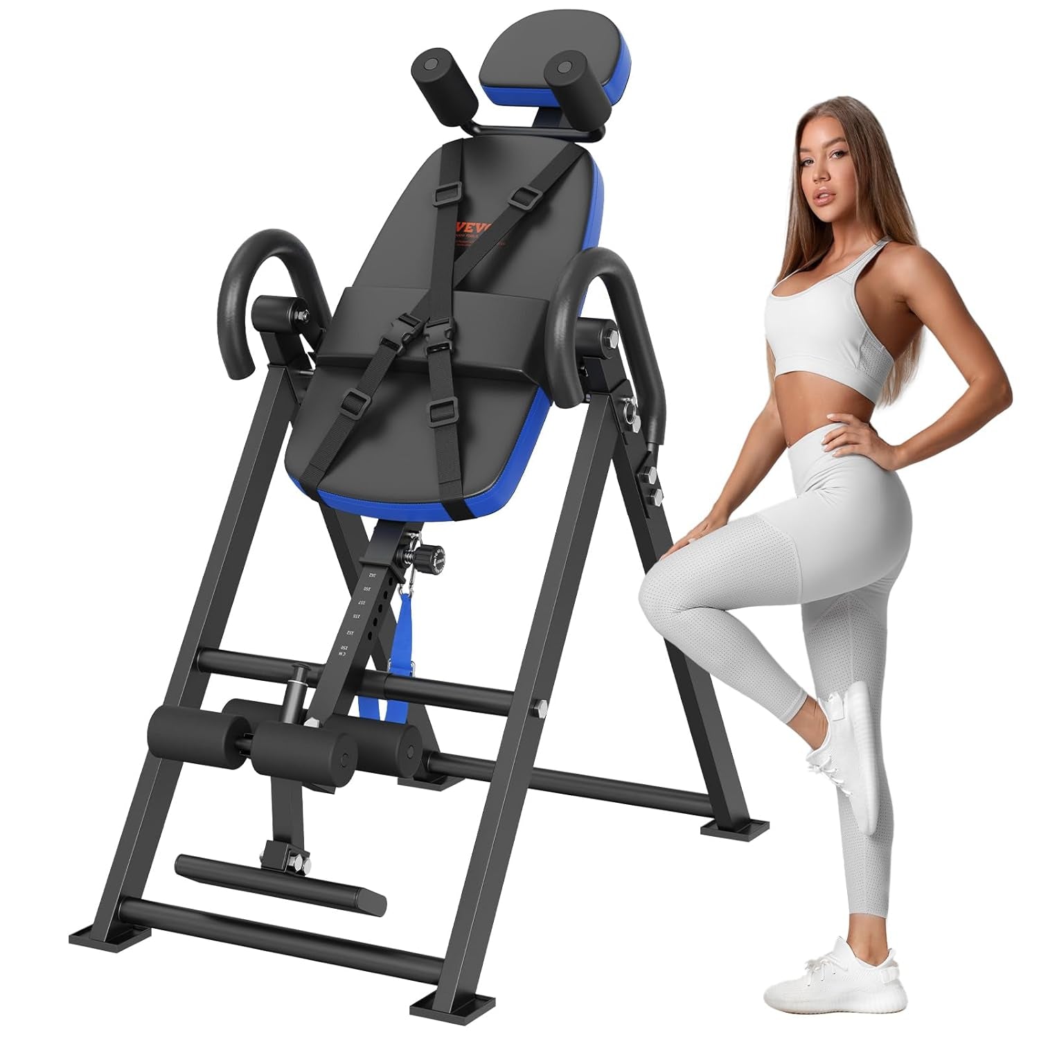 VEVOR Mesa De Inversión Resistente Con Capacidad 136 Kg, Para La Espalda, Equipo De Entrenamiento De Fuerza Con Reposacabezas, Bloqueo De Tobillo, Cinturón Protector, Azul/Negro, 1200 X 690 X 1640 Mm