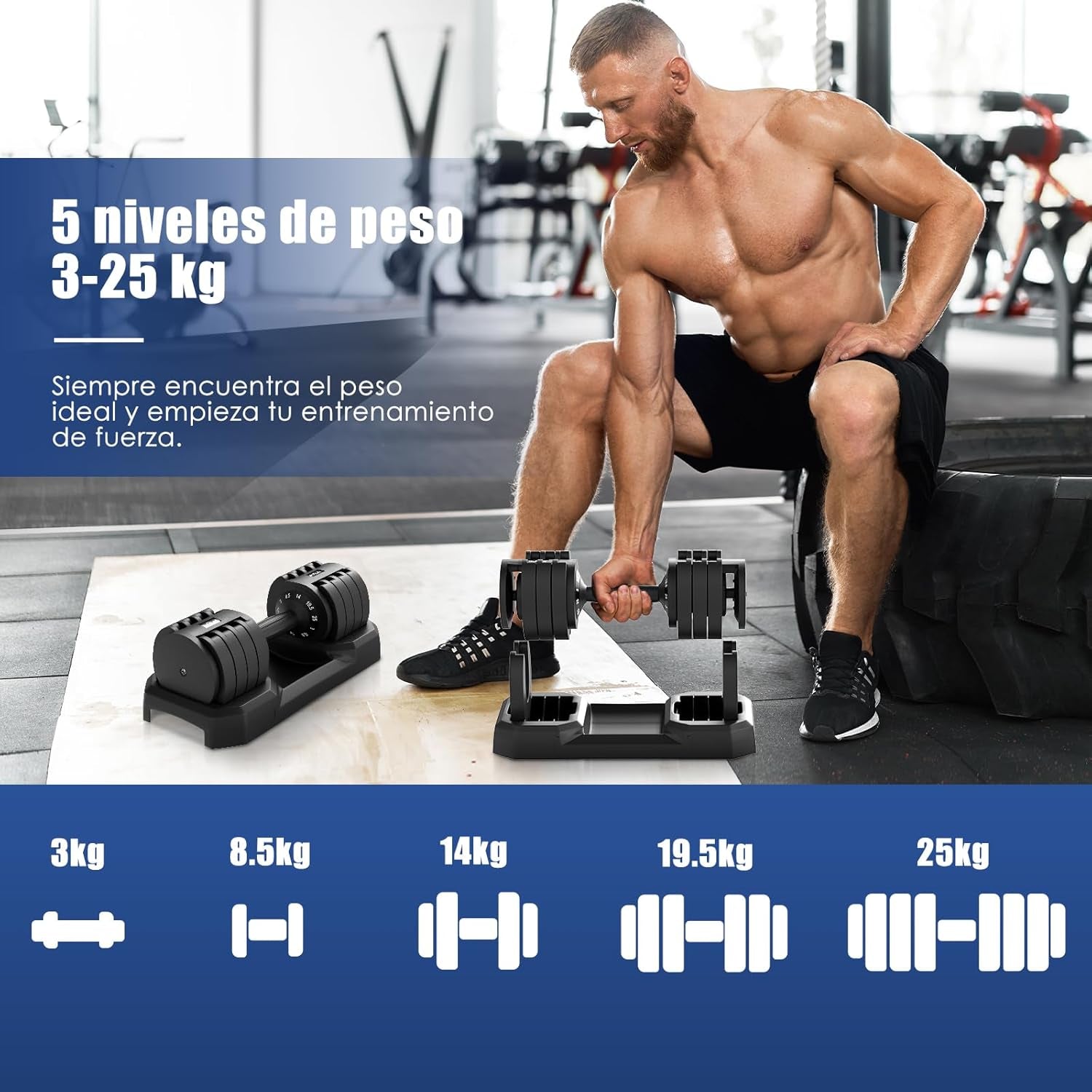 DH Fitlife Pesas Ajustables De 3 a 25 Kg Para Entrenamiento De Fuerza, Juego De Pesas Cortas Con Pesas Que Ahorran Espacio Para Entrenamiento En Casa, Pesas Variables 5 En 1