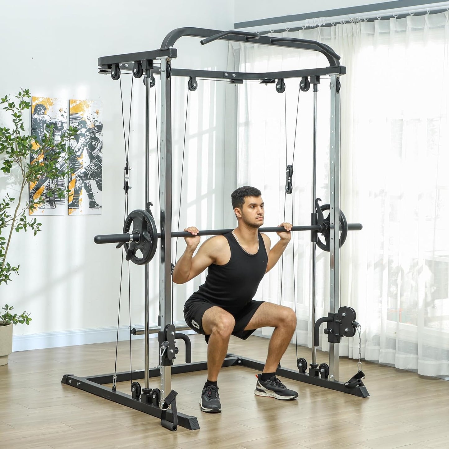 SPORTNOW Smith Machine Multiestación De Musculación Máquina Multifunción De Musculación Con Soporte Para Sentadillas Y Barra Para Pesas Para Entrenamiento Fitness En Hogar Negro