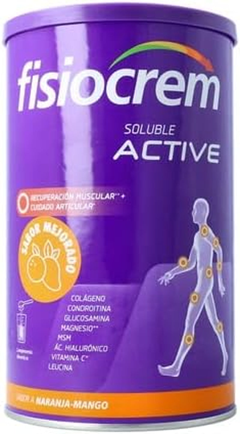 Fisiocrem Active Articulaciones Y Músculos | Colágeno Y Magnesio | Vitamina C | Condroitina Y Glucosamina | Mejora La Flexibilidad | Acido Hialurónico | Sabor Naranja | En Polvo | 480G