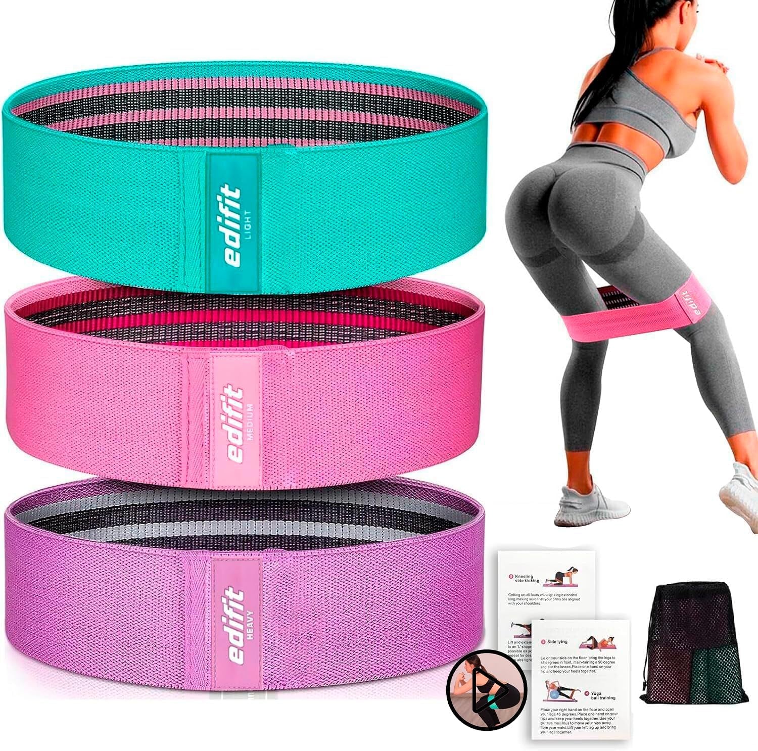 Edifit, Bandas Elásticas Musculación, Cintas Con 3 Niveles De Resistencia, Fitness, Gomas Antideslizantes, Pack De 3, Para Gym, Yoga, Crossfit, Pilates O Ejercio En Casa