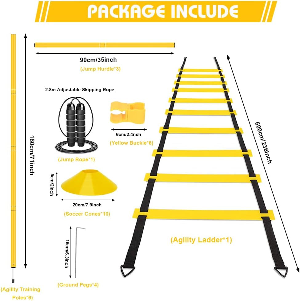 Equipo De Bastones De Entrenamiento De Velocidad De Escalera De Agilidad: 6 Postes De Agilidad, 6 Obstáculos De Salto, Escalera De Velocidad De 20 Pies, 12 Conos Deportivos, Cuerda De Saltar,