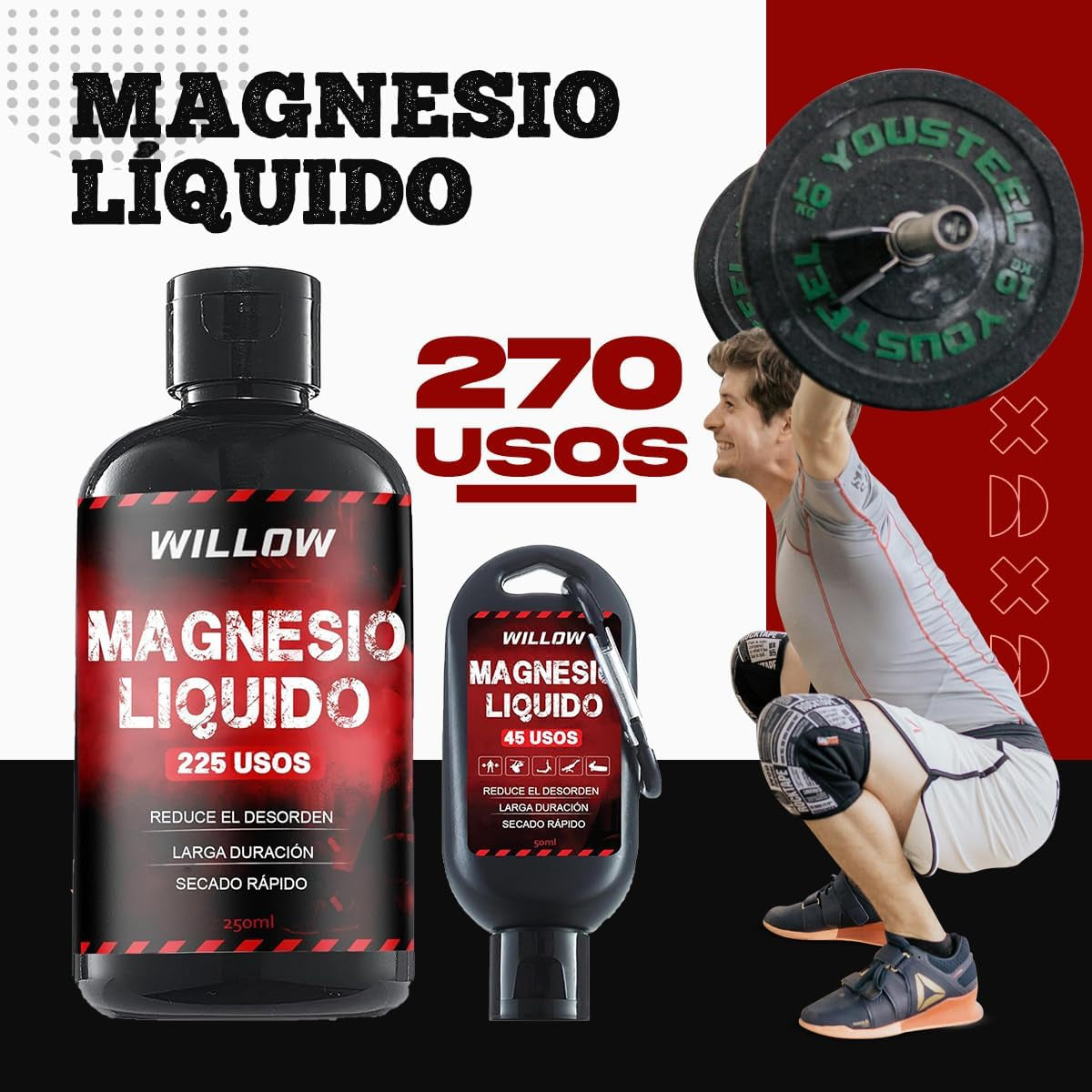 Willow ® Magnesio Líquido 250ML + 50ML | Magnesio Escalada | Tiza Líquida | Agarre Crossfit | Liquid Chalk | Calistenia Gym Halterofilia Padel Manos