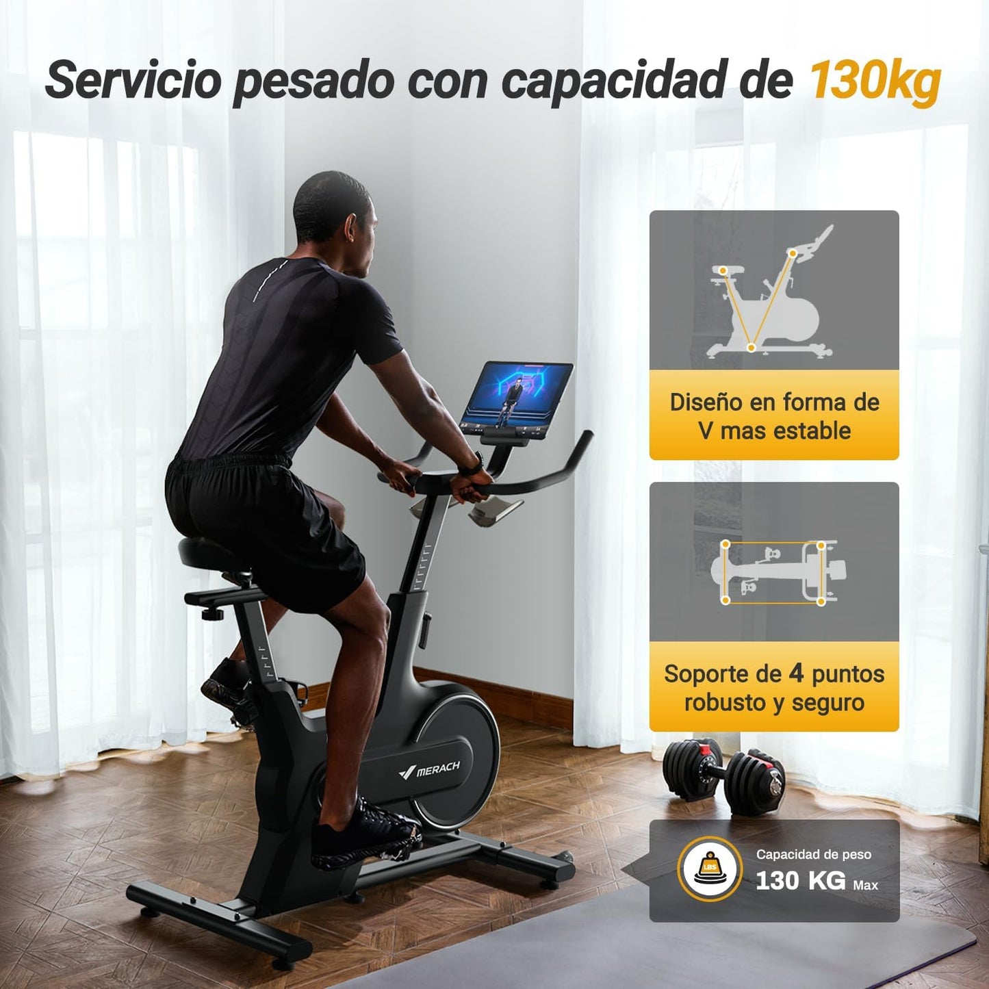 MERACH Bicicleta Estática Para El Hogar, Bicicleta De Ciclismo De Interior Con Resistencia Magnética, Seguimiento De Datos De Aplicaciones, Capacidad De Peso De 127 Kg Y Soporte Para Tablet