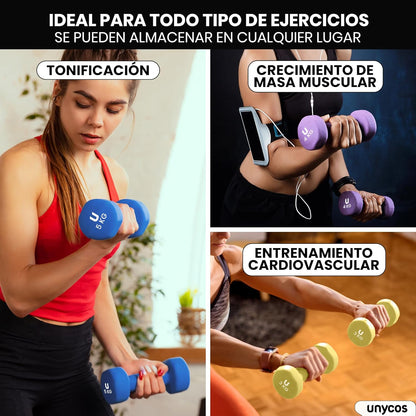 Unycos - Pesas Y Mancuernas Antideslizantes【Hierro | Neopreno】De 1 Kg a 10 Kg - Suaves Al Tacto Para Hombres Y Mujeres, Diseño Ergonómico, Anti-Rodadura, Gimnasio En Casa, Fitness