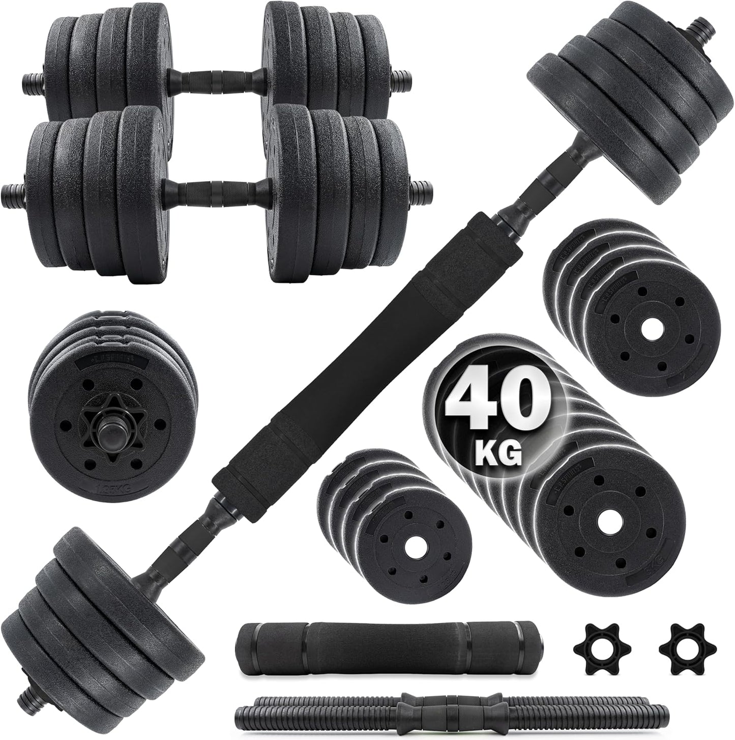 C.P.Sports 2In1 Juego De Mancuernas Y Barras De 30Kg | 4X 1,25Kg - 4X 1,5Kg - 4X 2,0Kg - 4X 2,5Kg Pesas - 2X Mangos | Placas De Plástico Para Entrenamiento Con Pesas, Fitness, Gimnasio En Casa | 4 Colores