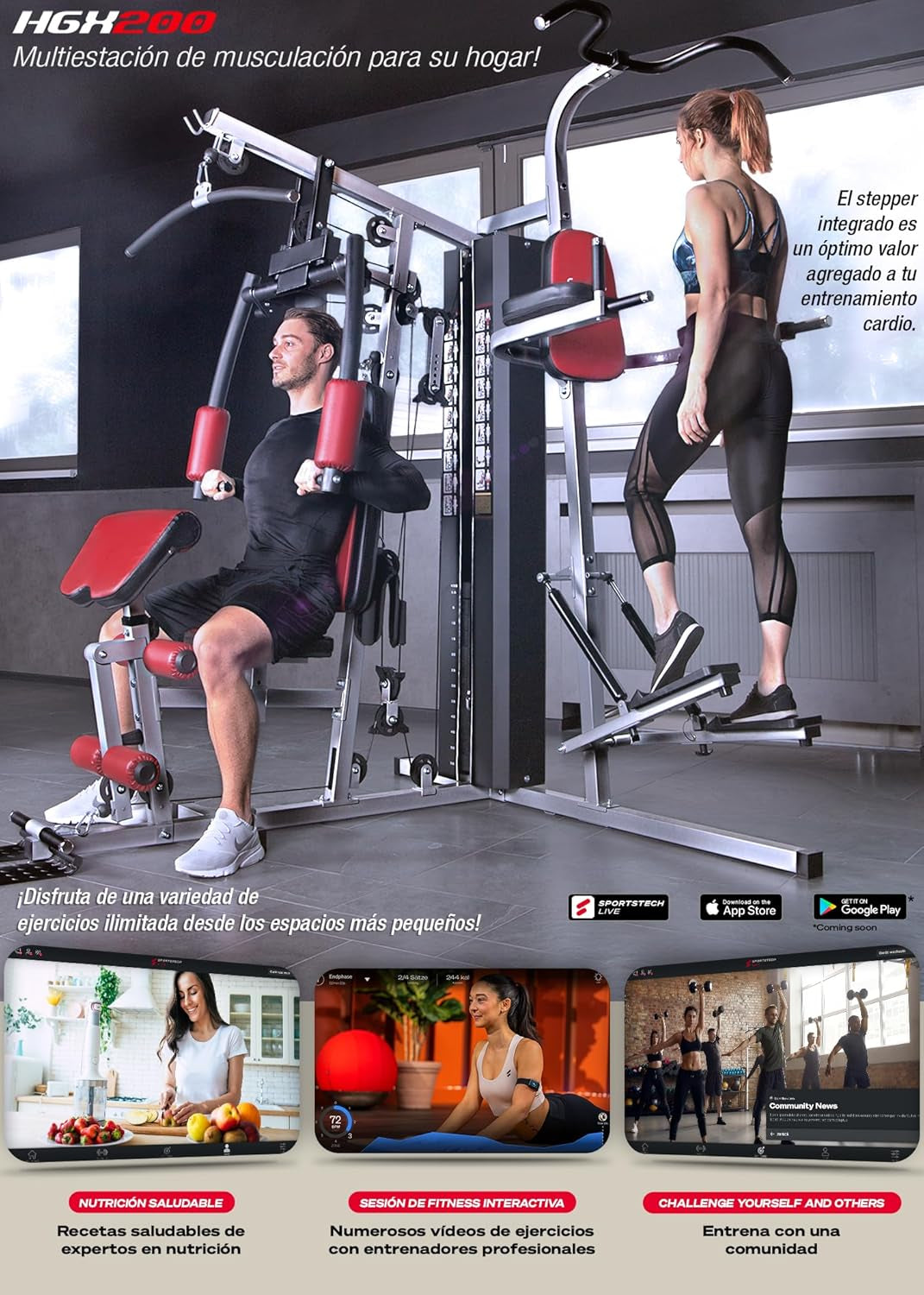 Sportstech HGX100/HGX200/HGX300 - La Única Estación De Fuerza Premium Para Un Entrenamiento Variado En Casa, Con Escalador O Prensa De Piernas. Hecha De Material EVA, Tu Estación De Fitness Doméstica