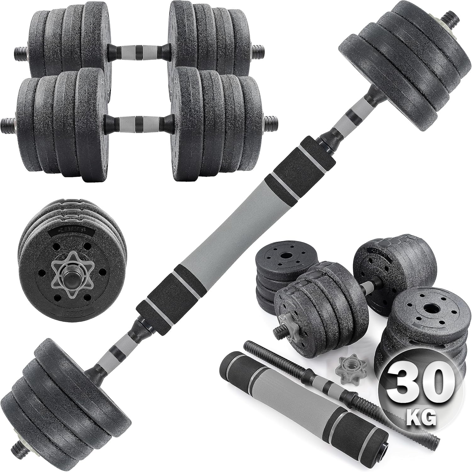 C.P.Sports 2In1 Juego De Mancuernas Y Barras De 30Kg | 4X 1,25Kg - 4X 1,5Kg - 4X 2,0Kg - 4X 2,5Kg Pesas - 2X Mangos | Placas De Plástico Para Entrenamiento Con Pesas, Fitness, Gimnasio En Casa | 4 Colores