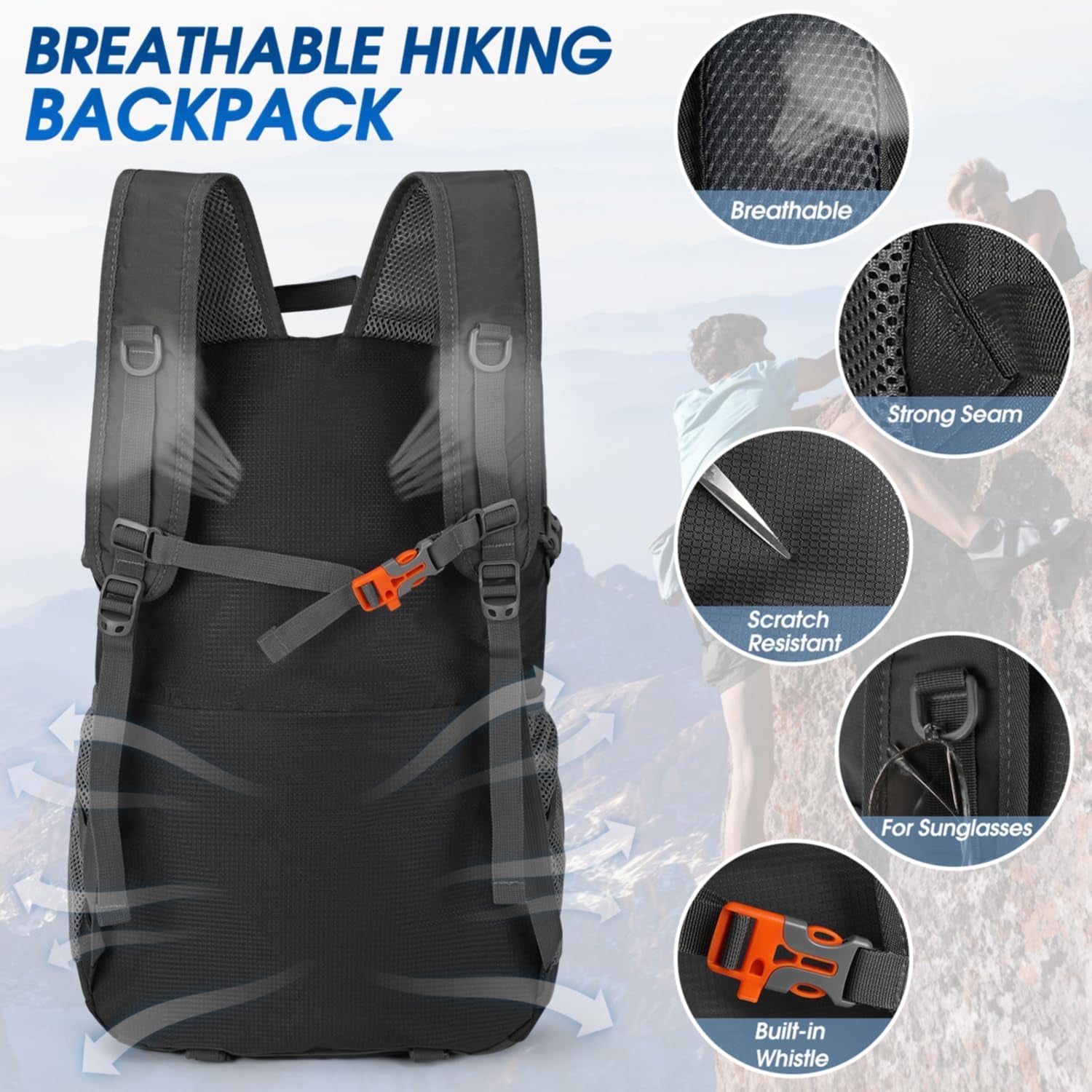 Mochila De Senderismo De 40L Mochila Plegable Ultraligera Mochila De Viaje Mochilas De Marcha Para Hombre Mujer Para Camping Viajes Excursiones Acampadas Montaña Al Aire Libre, Negra