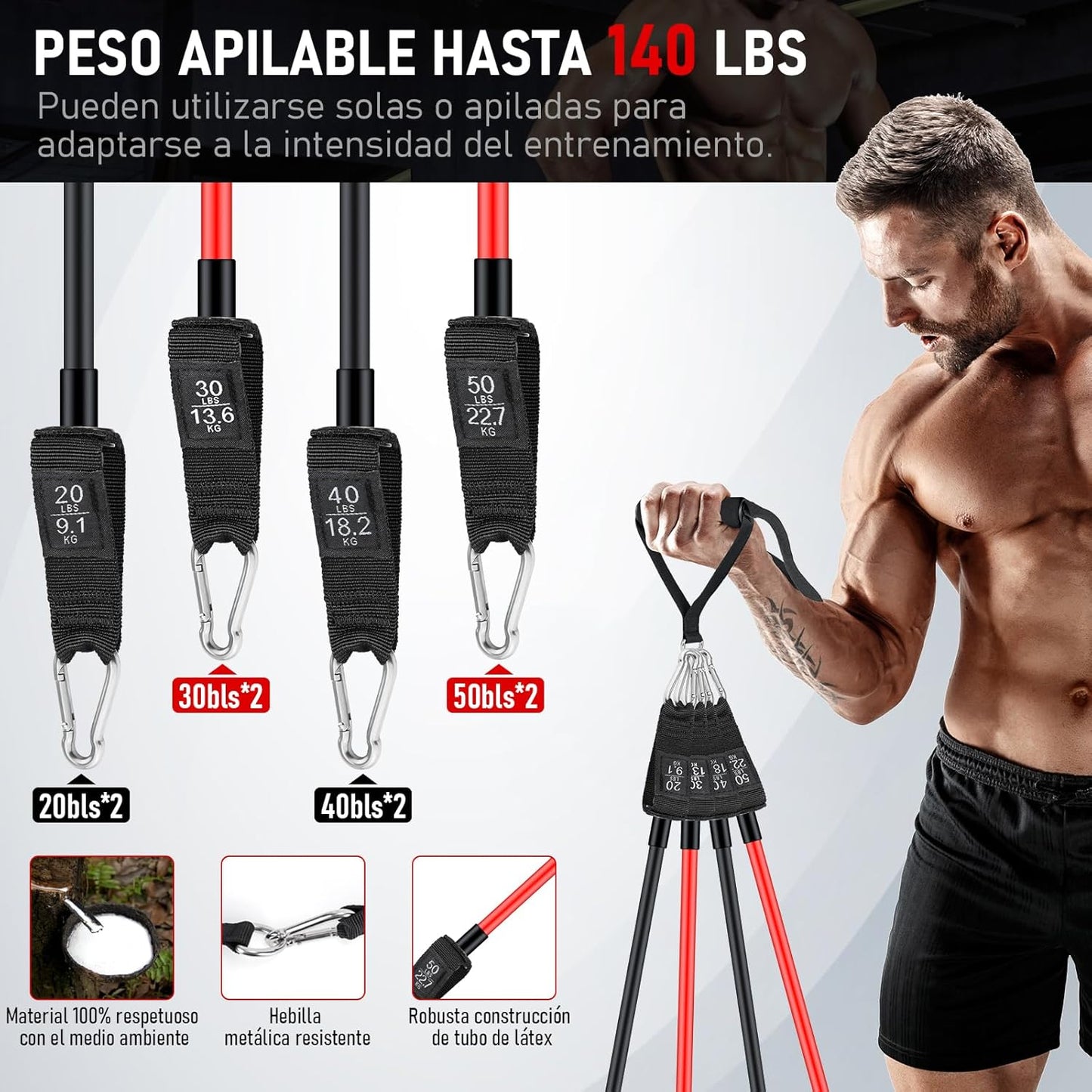 HSYFUNA 8 Gomas Elasticas Musculación (20/30/40/50Lbs) Con Barra De Pilates, Ruedas Abdominales, Anclaje Para Puerta, Correas Para Tobillos, Mango, Kit Pilates Para Fitness En Casa, Gym