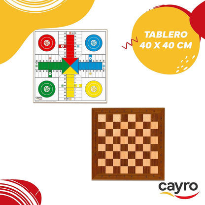 Cayro - Tablero Parchís Y Ajedrez - De Madera - Tamaño 40 X 40 - Diseño Clásico Y Elegante - Juego Tradicional - Desarrollo Cognitivo - Diseño Elegante Y Duradero