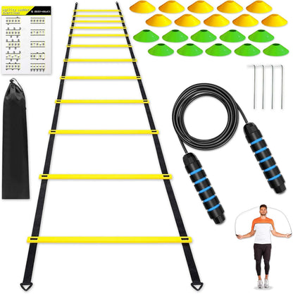 ®️ Set Entrenamiento Futbol Escalera De Agilidad + 20 Conos Entrenamiento + Comba De Saltar + Guia De Ejercicios + Bolsa De Almacenamiento | Kit Entrenamiento Futbol Niños Y Adultos