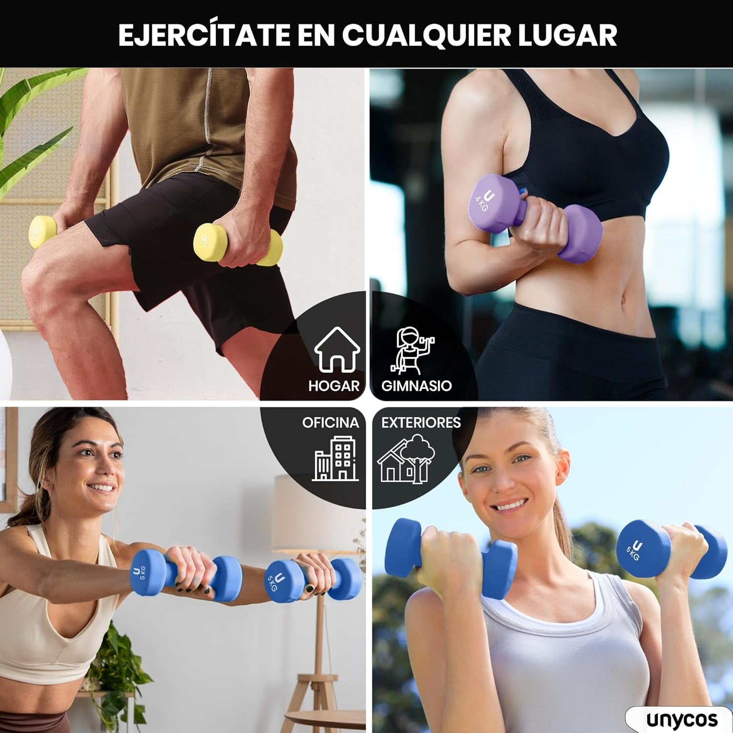 Unycos - Pesas Y Mancuernas Antideslizantes【Hierro | Neopreno】De 1 Kg a 10 Kg - Suaves Al Tacto Para Hombres Y Mujeres, Diseño Ergonómico, Anti-Rodadura, Gimnasio En Casa, Fitness