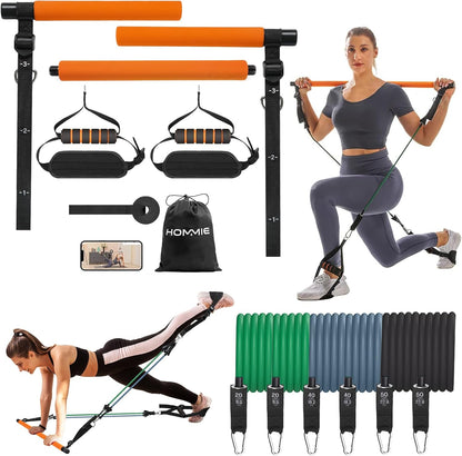 Kit De Barra De Pilates Hommie, Set Mejorado De Valor En Libras Con 6 Bandas De Resistencia (20+40+50 Lbs), Barra De Resistencia Portátil Y Desmontable Para Entrenamiento De Cuerpo Completo En Casa