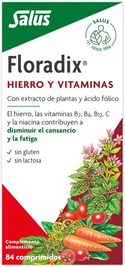 Salus - Floradix Suplemento De Hierro - 84 Comprimidos - Reduce El Cansancio Y La Fatiga - Contiene Hierro Orgánico, Ácido Fólico Y Vitaminas B1, B2, B5, B12 Y C - Combate La Anemia