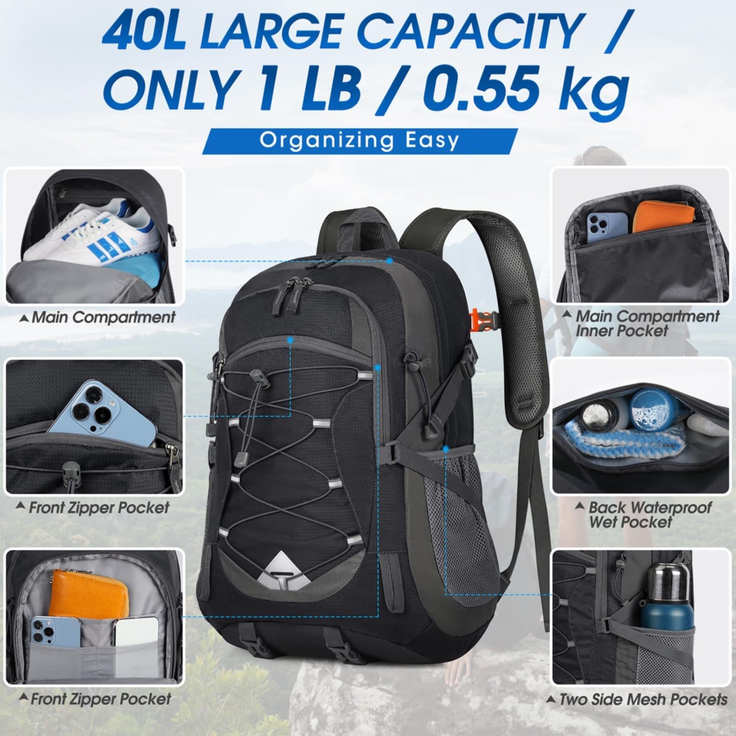 Mochila De Senderismo De 40L Mochila Plegable Ultraligera Mochila De Viaje Mochilas De Marcha Para Hombre Mujer Para Camping Viajes Excursiones Acampadas Montaña Al Aire Libre, Negra