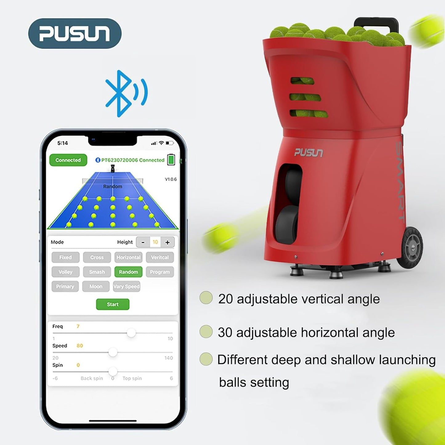 Pt-Smart - Máquina De Pelotas De Tenis, Lanzador De Pelotas De Tenis De Todos Los Niveles, Aplicación Inteligente Y Control Remoto, Múltiples Modos De Entrenamiento, Más De 100 Pelotas, Tiempo