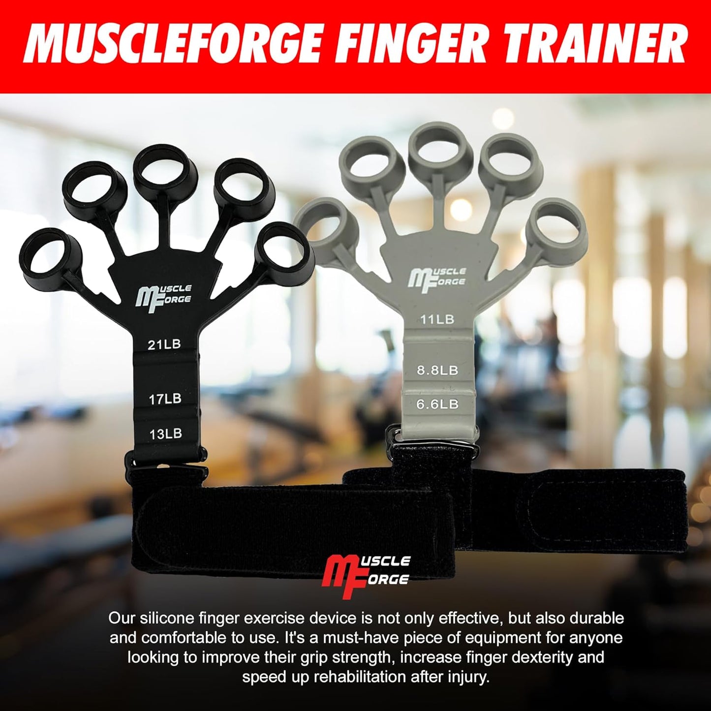 Muscleforge® Finger Trainer, Extensor De Dedos De Silicona Para Fortalecer El Agarre, Ejercitador Con 3 Niveles De Ajuste 6-11 Lbs, Fortalecedor De Agarre De Antebrazos Y Dedos, Agarre De Manos