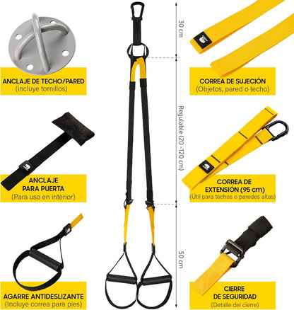 Entrenamiento En Suspensión (Incluye Anclaje De Pared Y Puerta), Rueda Abdominal Y Bandas Elásticas De Musculación. Gimnasio En Casa Con Rodillo Abdominal, Cintas Elásticas Musculación Y Cuerdas