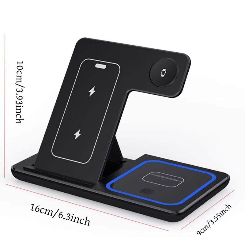 30W LED Fast Wireless Charger Stand 3 in 1 Foldable Charging Station for Iphone 15 14 13 12 11 Apple Watch 9 8 7 6 5 Airpods Pro