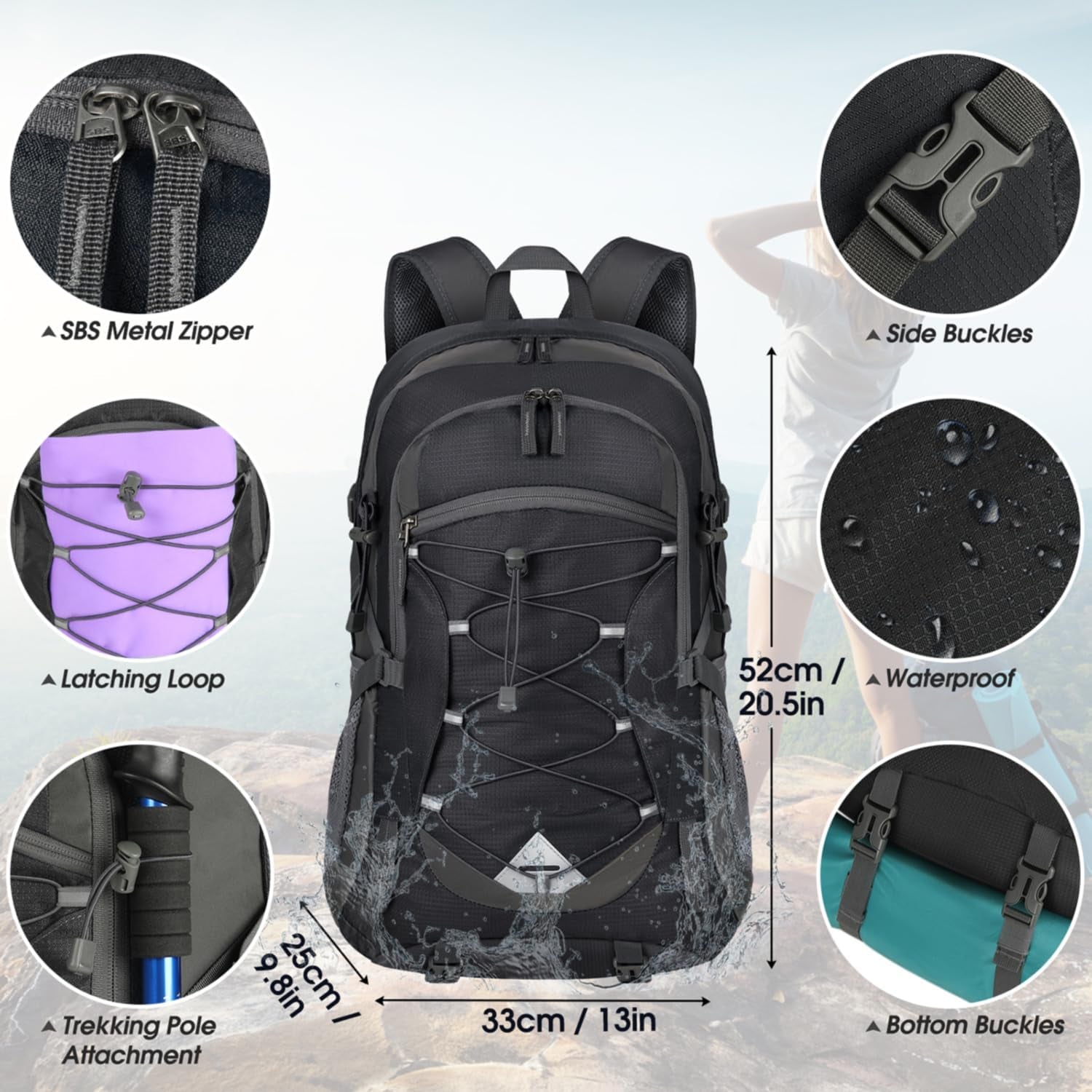 Mochila De Senderismo De 40L Mochila Plegable Ultraligera Mochila De Viaje Mochilas De Marcha Para Hombre Mujer Para Camping Viajes Excursiones Acampadas Montaña Al Aire Libre, Negra