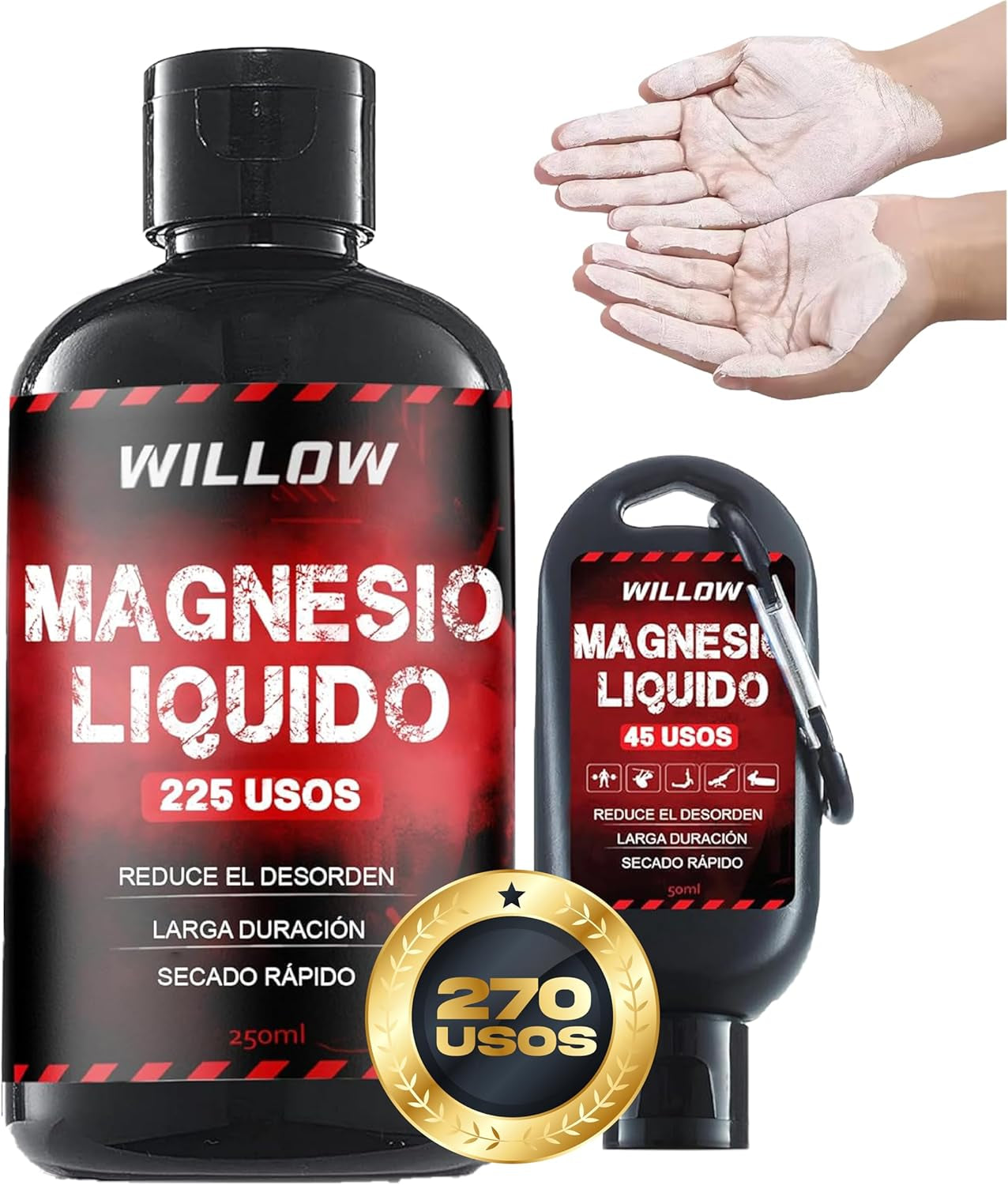 Willow ® Magnesio Líquido 250ML + 50ML | Magnesio Escalada | Tiza Líquida | Agarre Crossfit | Liquid Chalk | Calistenia Gym Halterofilia Padel Manos