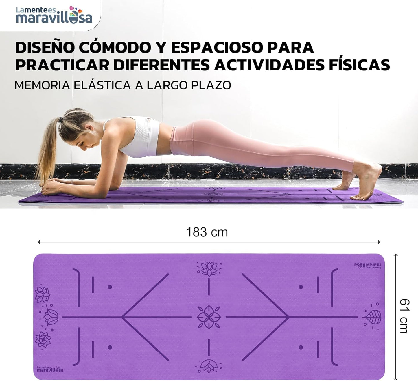 LA MENTE ES MARAVILLOSA - Esterilla De Yoga, Pilates Y Fitness【E-Book, Bolsa Y Correa De Hombro】Colchoneta Antideslizante TPE Para Deportes, Gimnasio En Casa | 183X61 Cm