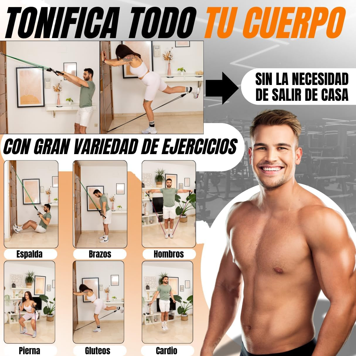 HIITLION Bandas Elásticas Musculación + Cuerda De Saltar - Entrenamiento Completo En Casa - Set De Resistencia Con 5 Diferentes Niveles De Gomas Para Gym En Casa, Ejercicio Muscular Y Cardio