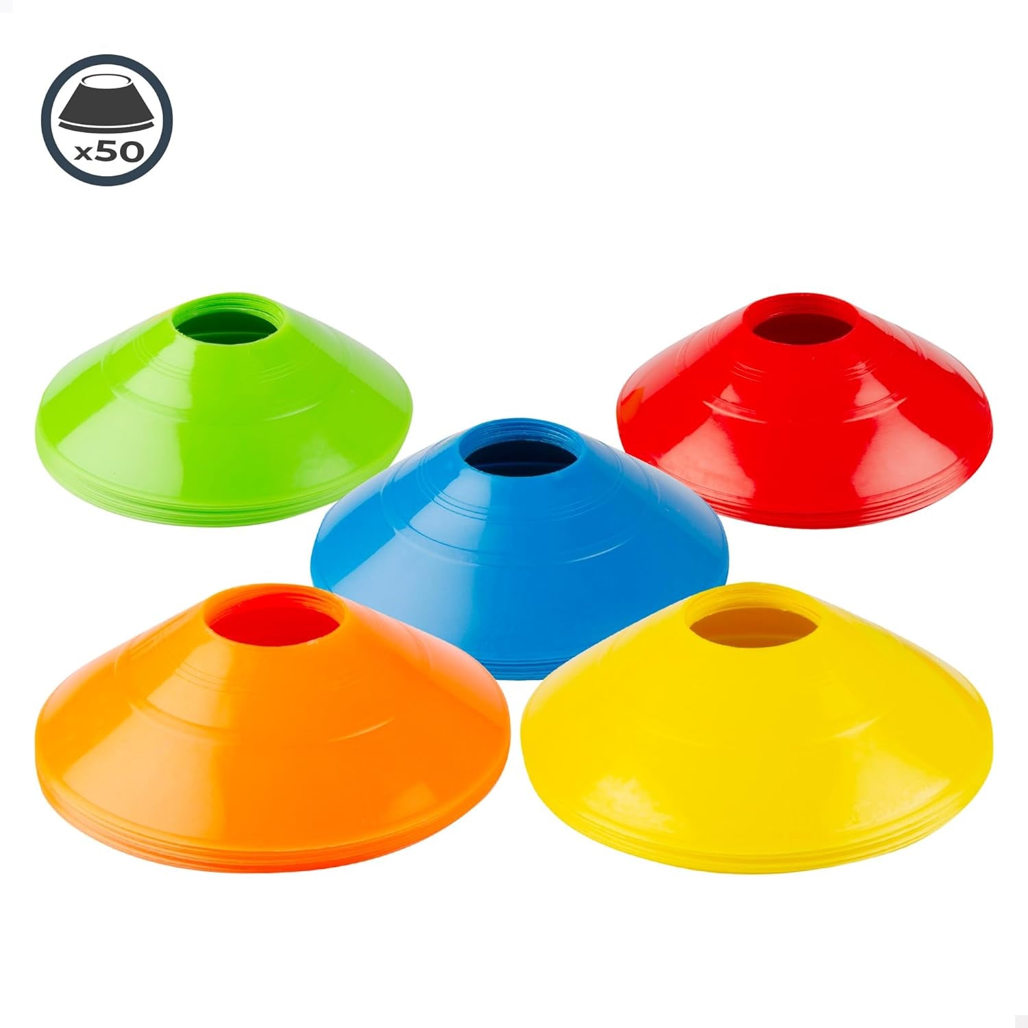 AKTIVE Set 50 Conos De Entrenamiento, Ø19 Cm, 5 Colores, PE 18 Gramos, Incluye Poste Organizador, Malla De Transporte Con Asa, Uso Profesional, Escolar, Doméstico, Juegos Al Aire Libre (54193)